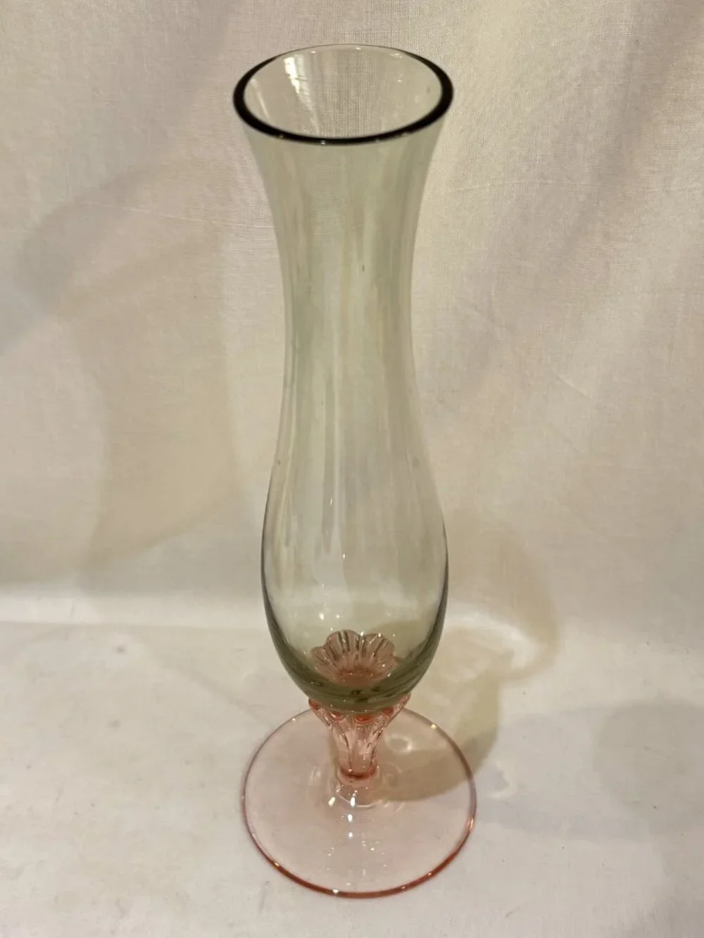 VTG Glass Pedestal Bud Vase Pink Stem Green Tint Glass Vase